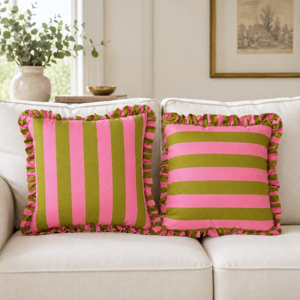 Pink & Green Stripe Fırfır Kenarlı Kırlent Kılıfı