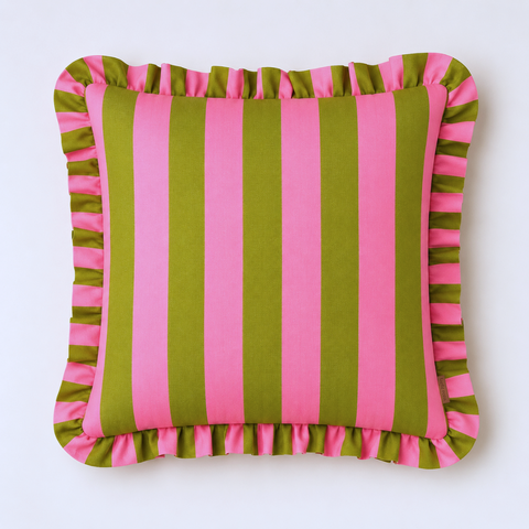 Pink & Green Stripe Fırfır Kenarlı Kırlent Kılıfı