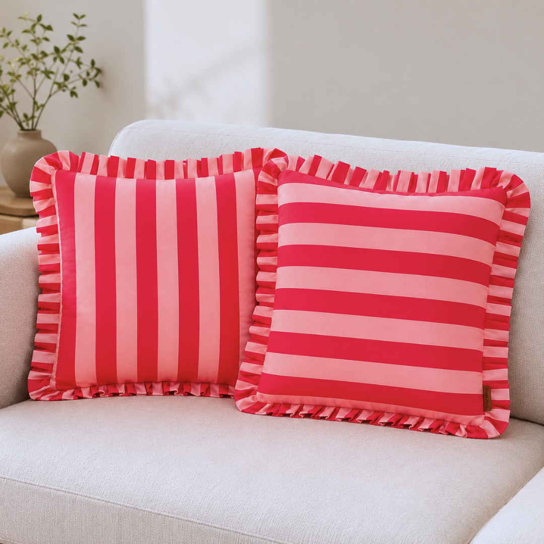 Red & Rose Stripe Fırfır Kenarlı Kırlent Kılıfı