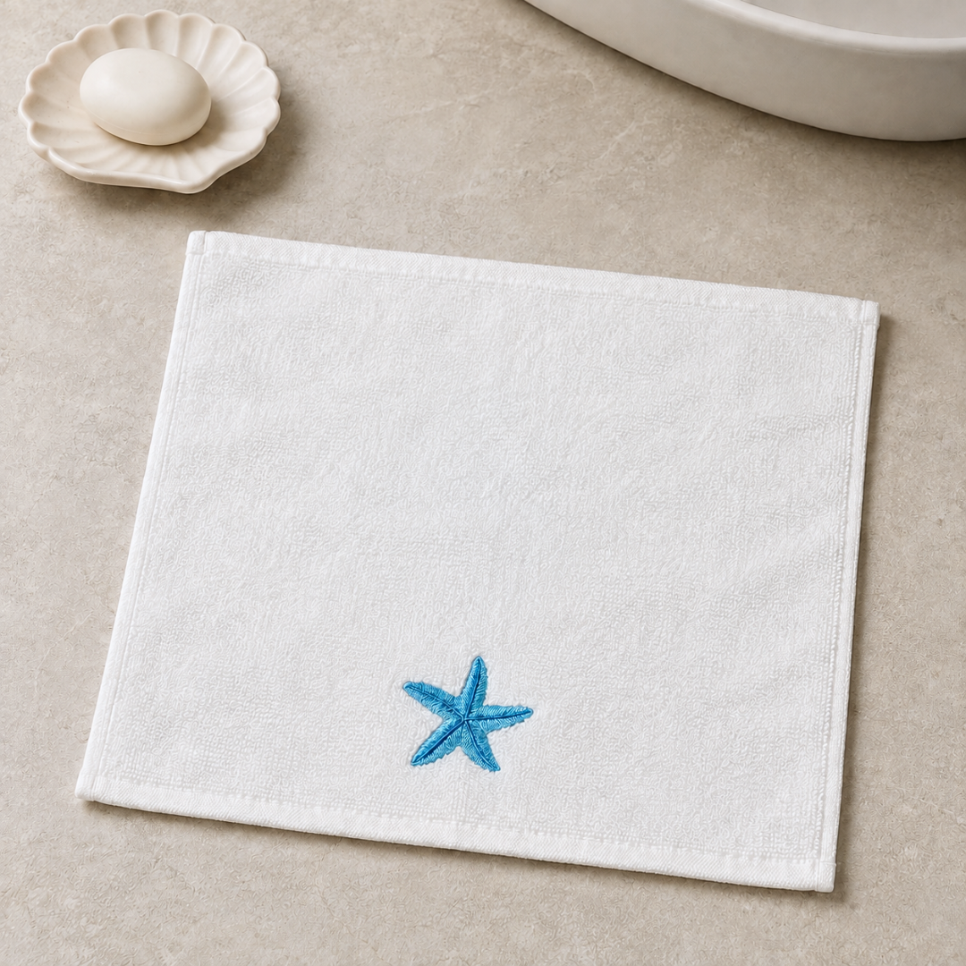 Sea Star %100 Pamuk Nakışlı El Havlusu 30x30 cm Mavi