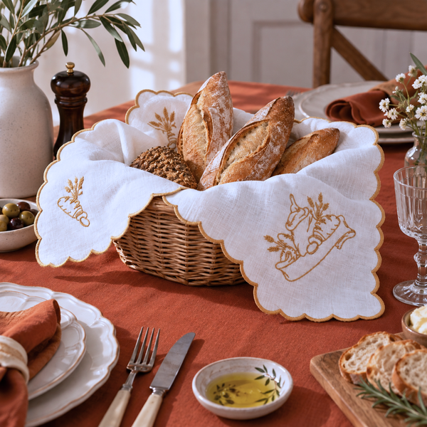 Baguette Nakışlı Pamuk Ekmek Sepeti Örtüsü 60x60 cm