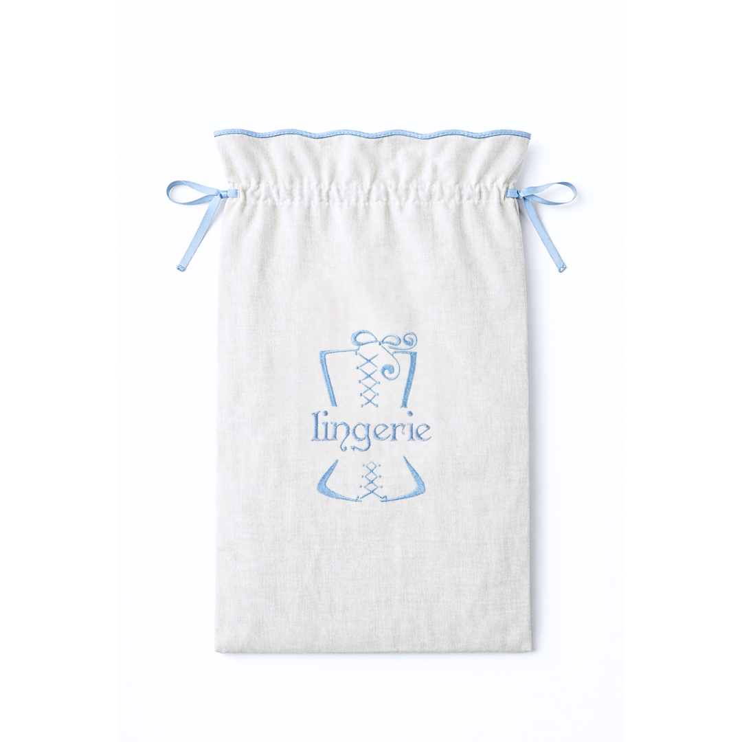 Lingerie Nakışlı Keten İç Giyim Çantası Mavi