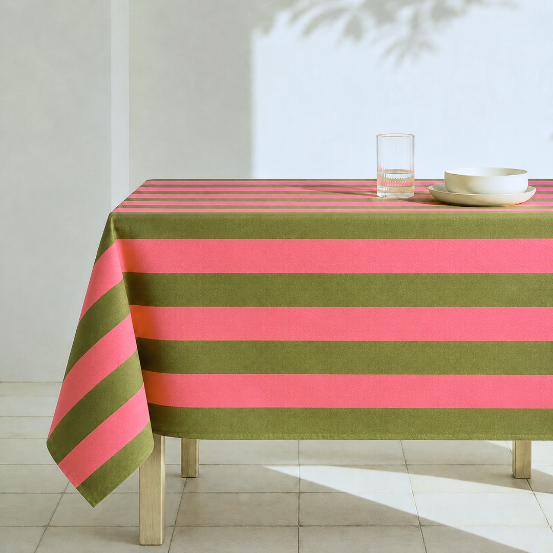 Green & Pink Stripe Dokuma Pamuk Leke Tutmaz Masa Örtüsü