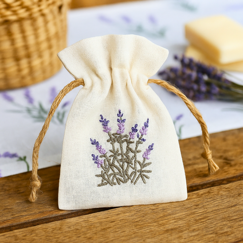 Lavanta Nakışlı Dokuma Kese 12x10 cm Naturel