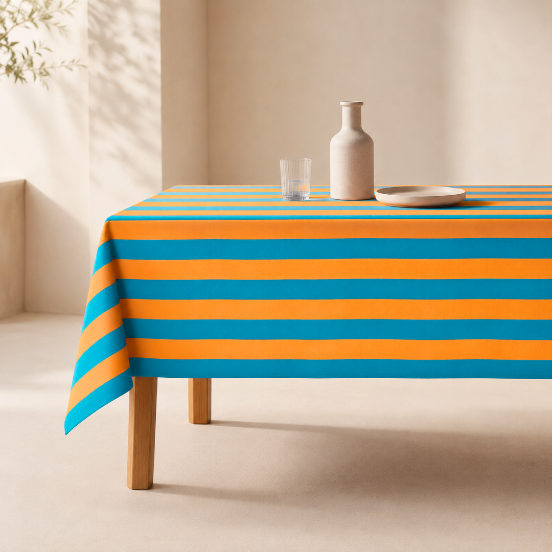 Orange & Blue Stripe Dokuma Pamuk Leke Tutmaz Masa Örtüsü