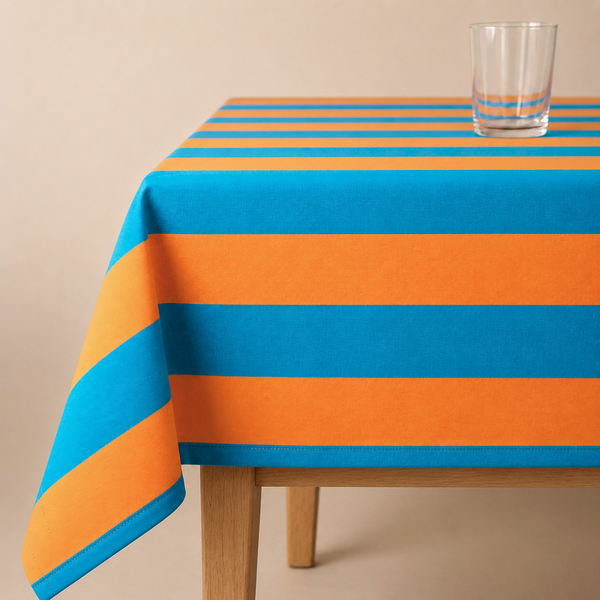 Orange & Blue Stripe Dokuma Pamuk Leke Tutmaz Masa Örtüsü