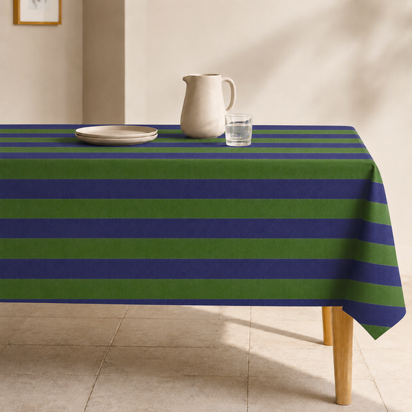 Green & Navy Stripe Dokuma Pamuk Leke Tutmaz Masa Örtüsü