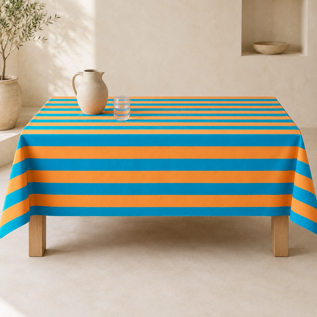 Orange & Blue Stripe Dokuma Pamuk Leke Tutmaz Masa Örtüsü