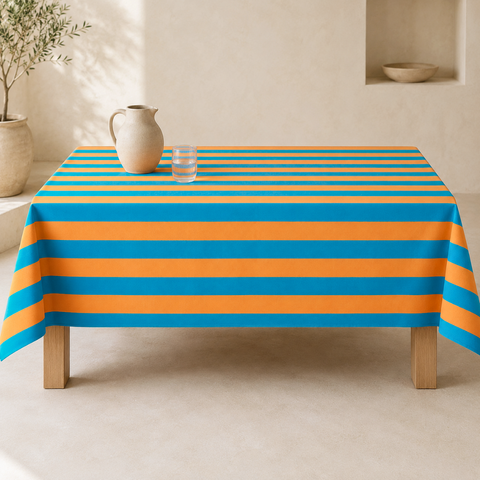 Orange & Blue Stripe Dokuma Pamuk Leke Tutmaz Masa Örtüsü