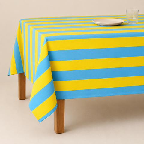 Yellow & Blue Stripe Dokuma Pamuk Leke Tutmaz Masa Örtüsü