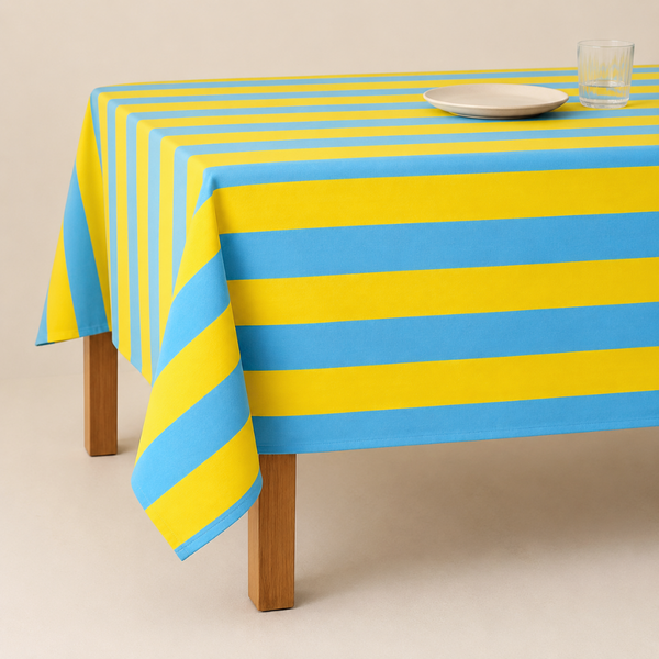 Yellow & Blue Stripe Dokuma Pamuk Leke Tutmaz Masa Örtüsü