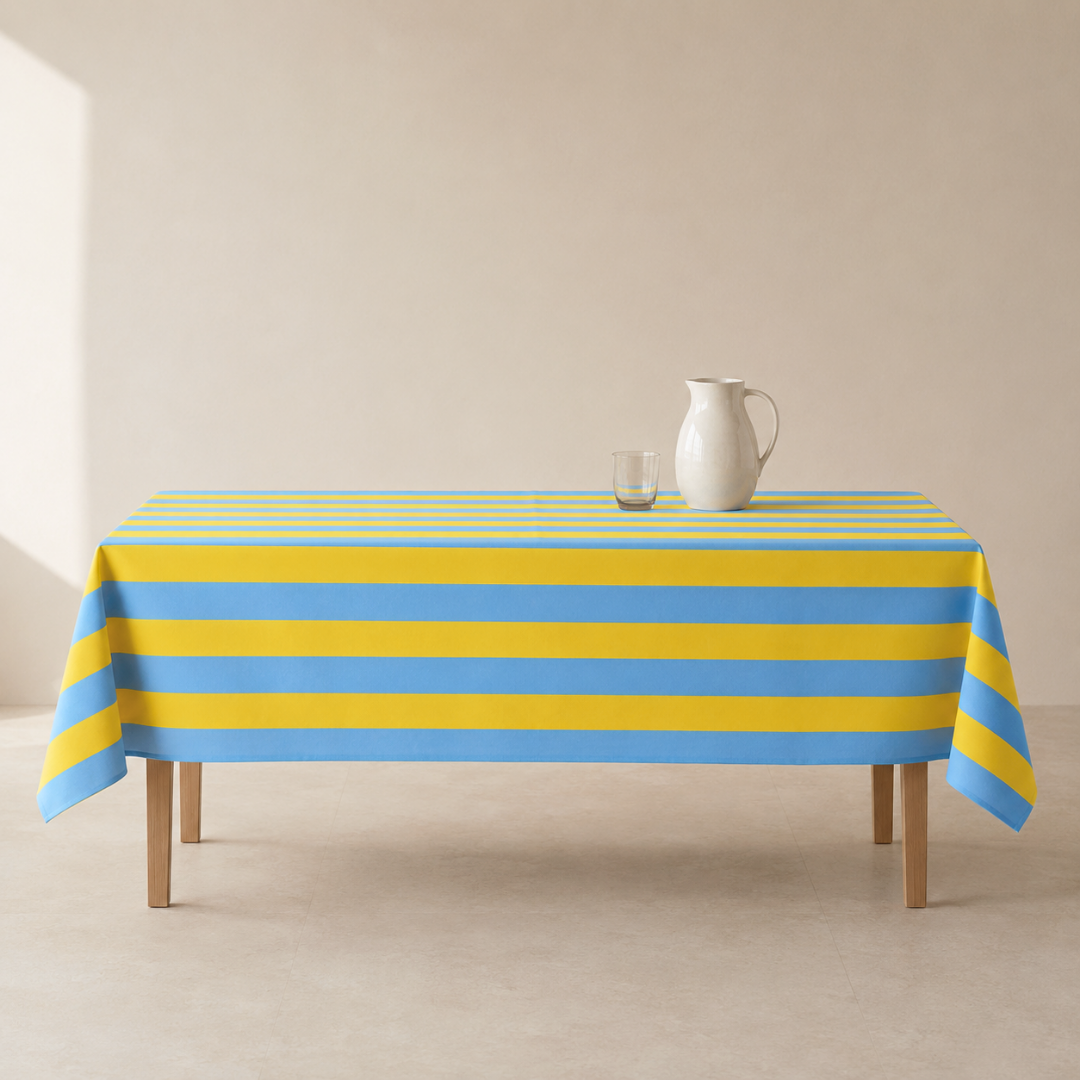 Yellow & Blue Stripe Dokuma Pamuk Leke Tutmaz Masa Örtüsü
