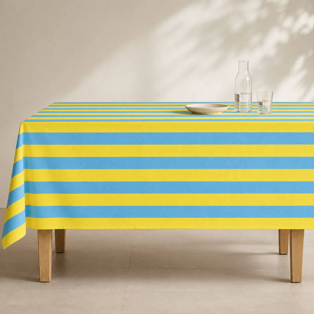 Yellow & Blue Stripe Dokuma Pamuk Leke Tutmaz Masa Örtüsü