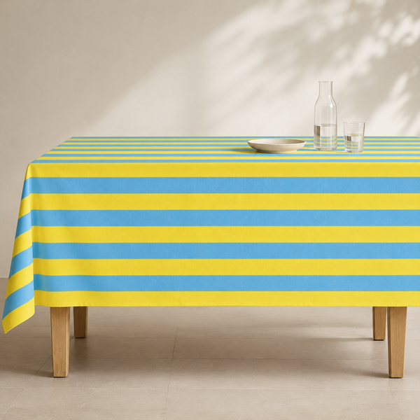 Yellow & Blue Stripe Dokuma Pamuk Leke Tutmaz Masa Örtüsü