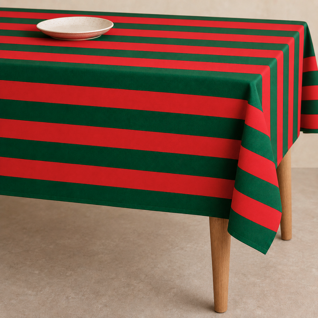 Red & Green Stripe Dokuma Pamuk Leke Tutmaz Masa Örtüsü