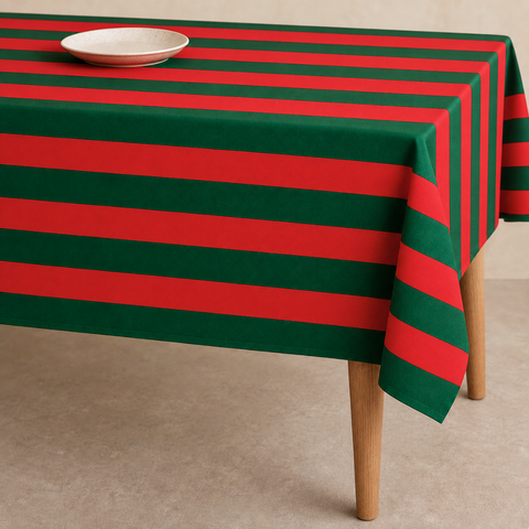 Red & Green Stripe Dokuma Pamuk Leke Tutmaz Masa Örtüsü