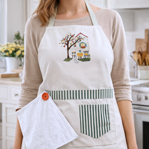 Petit Cafe Nakışlı Tasarım Mutfak Önlük Seti Krem