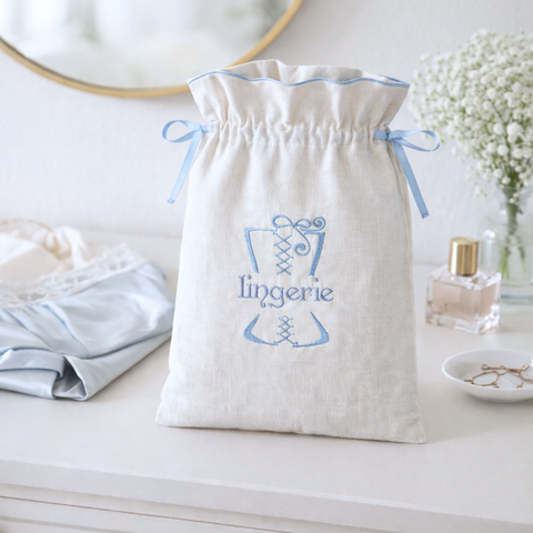 Lingerie Nakışlı Keten İç Giyim Çantası Mavi