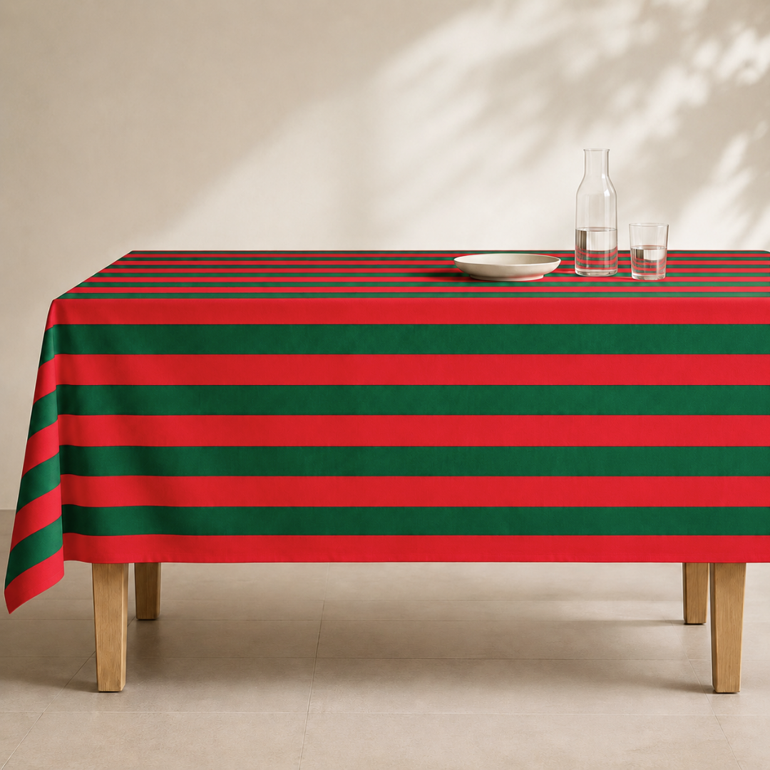 Red & Green Stripe Dokuma Pamuk Leke Tutmaz Masa Örtüsü