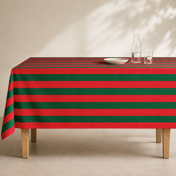 Red & Green Stripe Dokuma Pamuk Leke Tutmaz Masa Örtüsü
