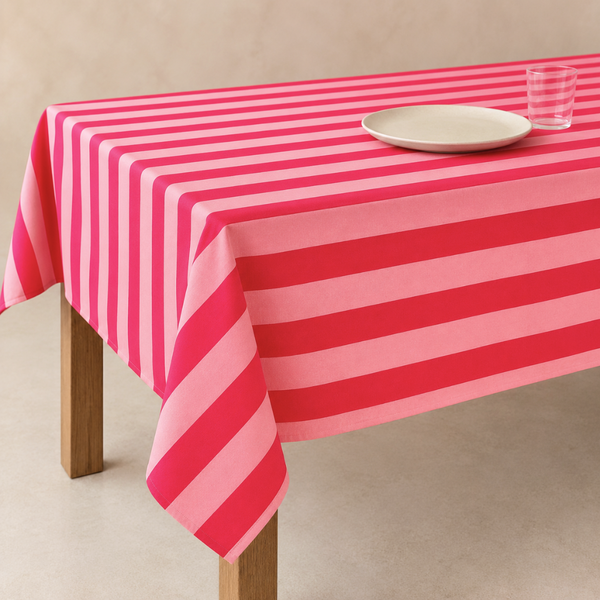Red & Rose Stripe Dokuma Pamuk Leke Tutmaz Masa Örtüsü