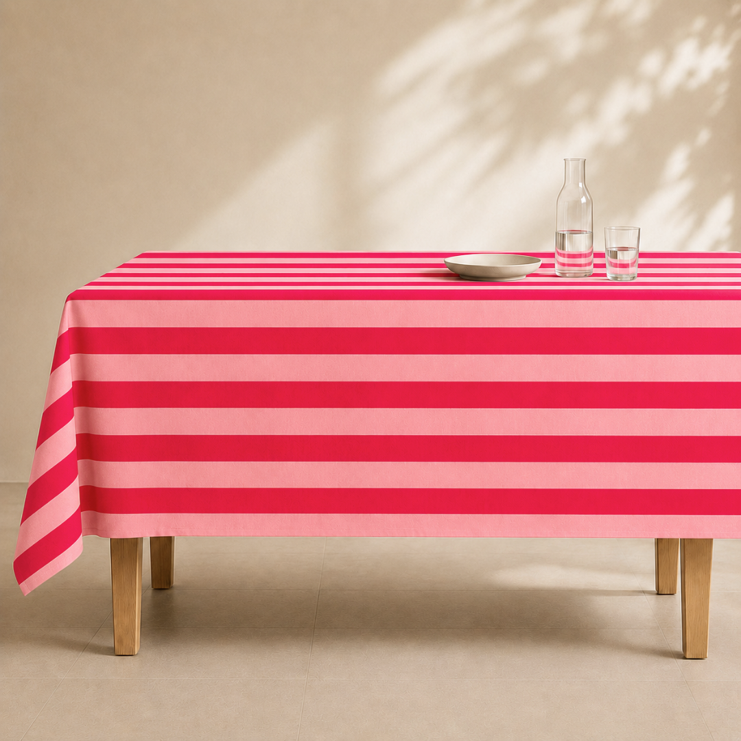 Red & Rose Stripe Dokuma Pamuk Leke Tutmaz Masa Örtüsü