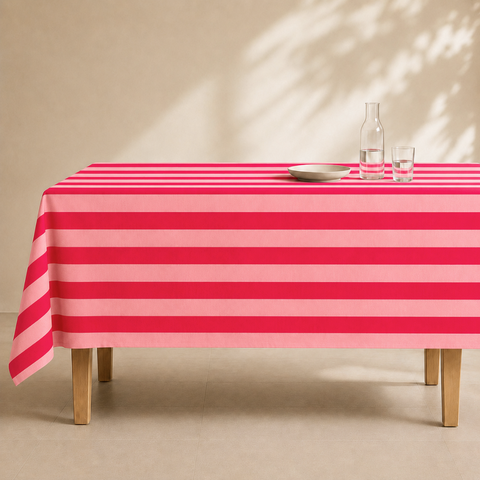 Red & Rose Stripe Dokuma Pamuk Leke Tutmaz Masa Örtüsü