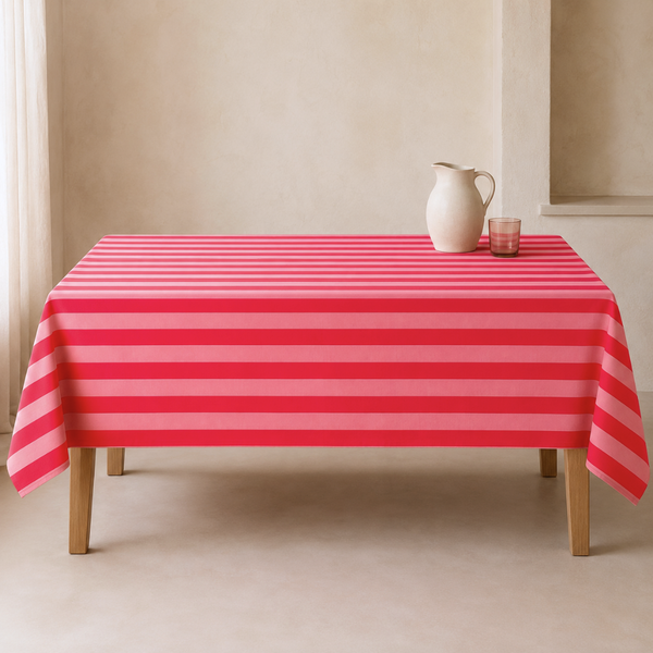 Red & Rose Stripe Dokuma Pamuk Leke Tutmaz Masa Örtüsü