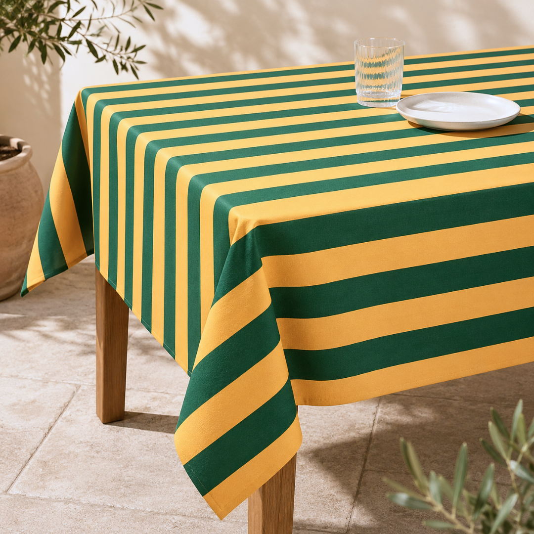 Yellow & Green Stripe Dokuma Pamuk Leke Tutmaz Masa Örtüsü