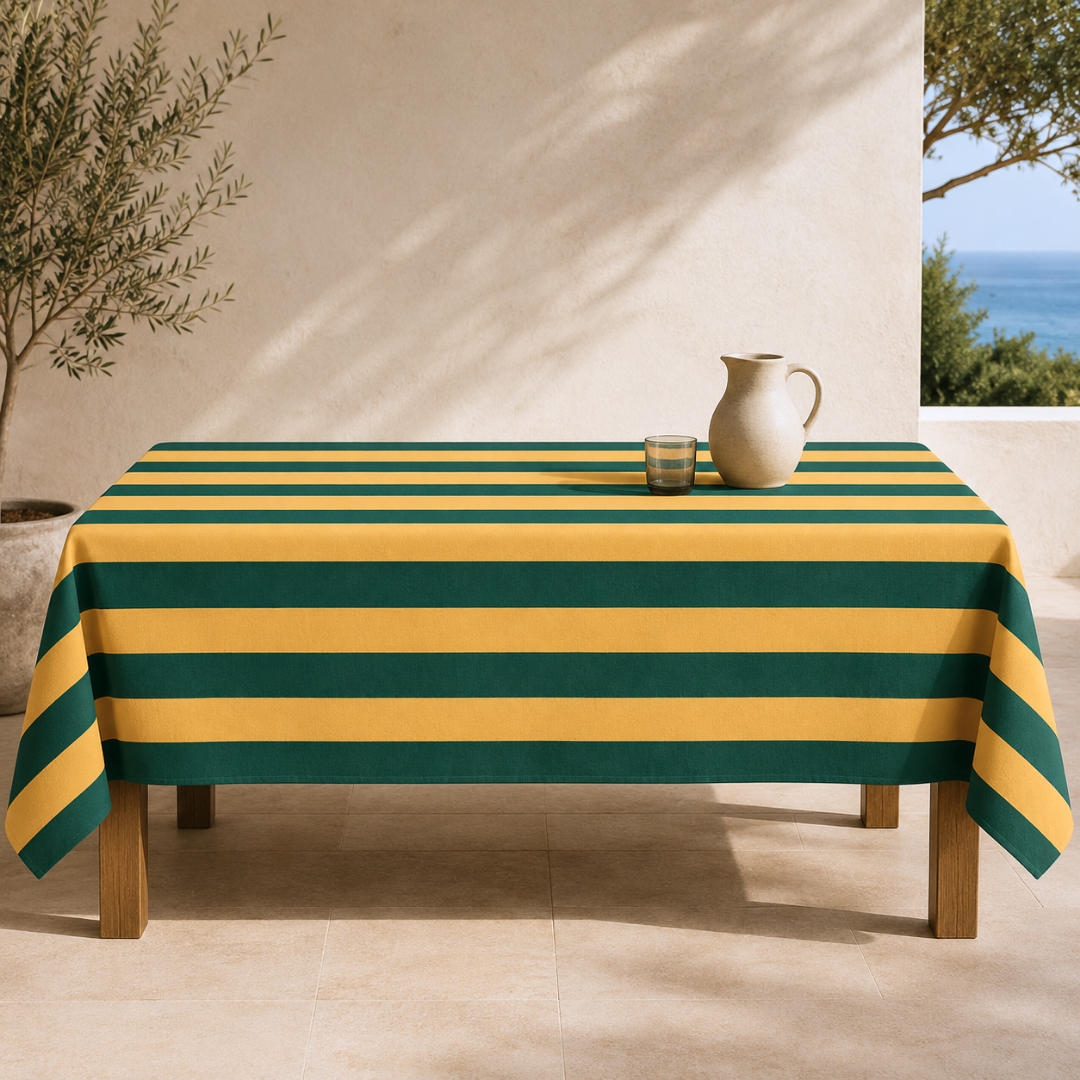 Yellow & Green Stripe Dokuma Pamuk Leke Tutmaz Masa Örtüsü