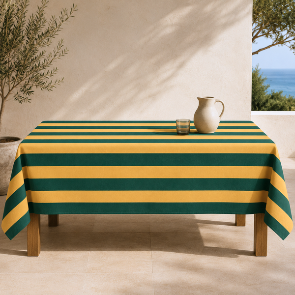 Yellow & Green Stripe Dokuma Pamuk Leke Tutmaz Masa Örtüsü