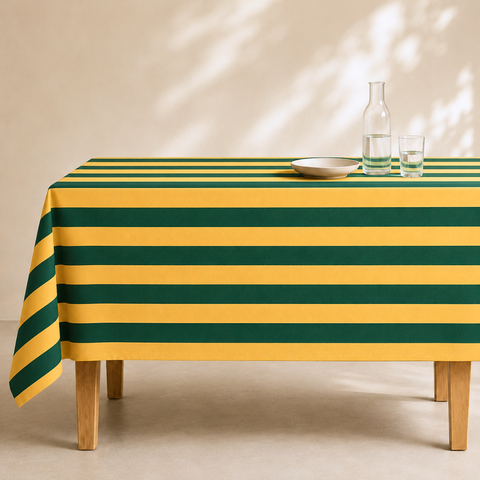 Yellow & Green Stripe Dokuma Pamuk Leke Tutmaz Masa Örtüsü