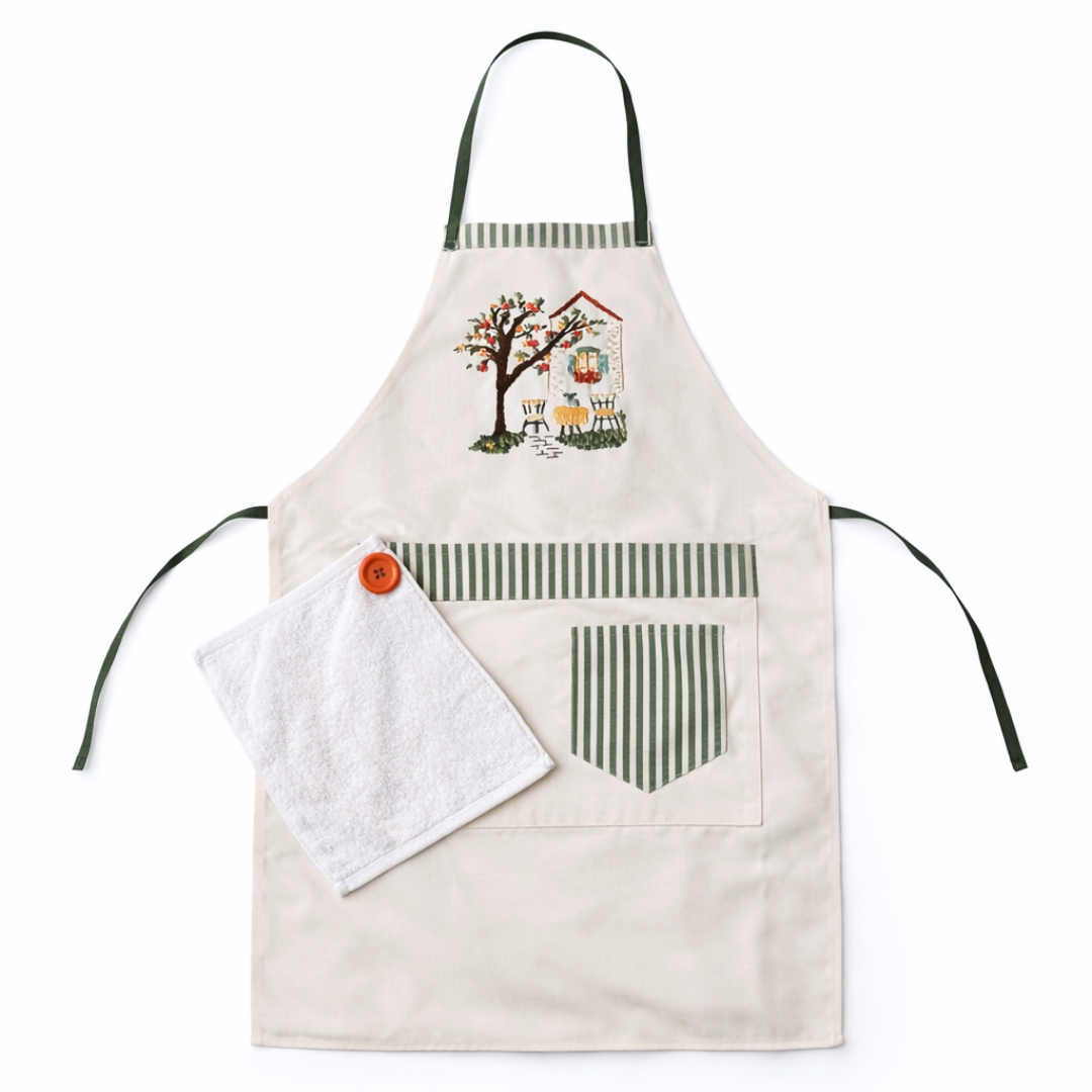 Petit Cafe Nakışlı Tasarım Mutfak Önlük Seti Krem