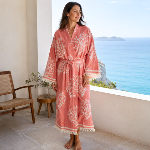 Coral Dokuma Pamuk Kimono/Sabahlık Mercan