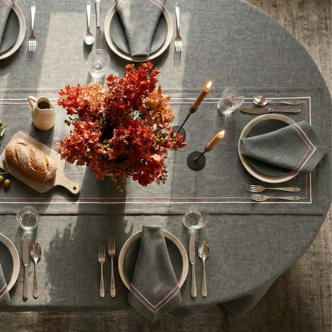 2 Sıra Piko Nakış Detaylı Keten Leke Tutmaz Peçete Granit Füme (2'li Set)