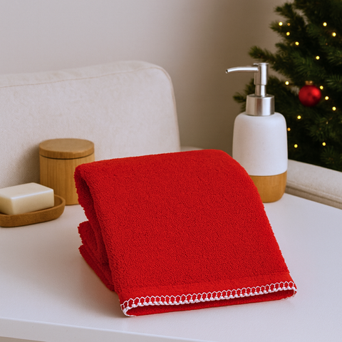 Çoban Dikiş Detaylı %100 Pamuk Yüz Havlusu 50x70 cm Kırmızı