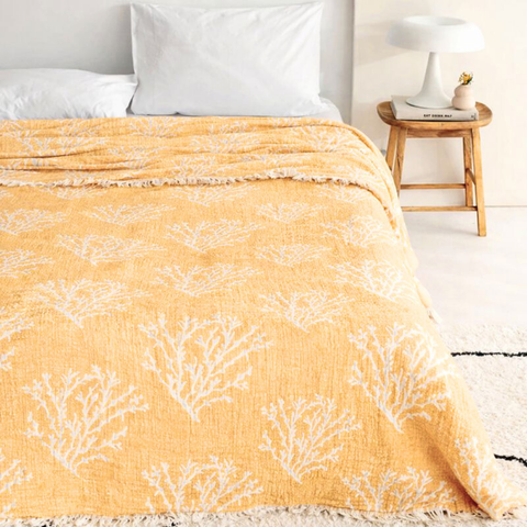 Coral 4 Kat Müslin Çift Kişilik Yatak Örtüsü/Pike Sarı