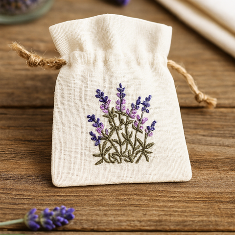 Lavanta Nakışlı Dokuma Kese 12x10 cm Naturel