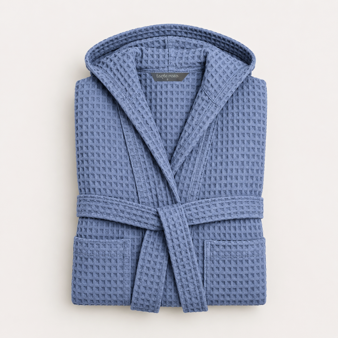 Waffle%100 Pamuk Unisex Bornoz Mavi