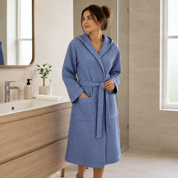 Waffle%100 Pamuk Unisex Bornoz Mavi