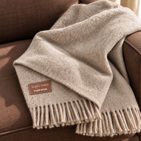Woolmark Tek Kişilik Saf Yün Battaniye Bej