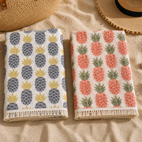 Pineapple Throw Dokulu Pamuk Peştamal Seti Gri-Kiremit
