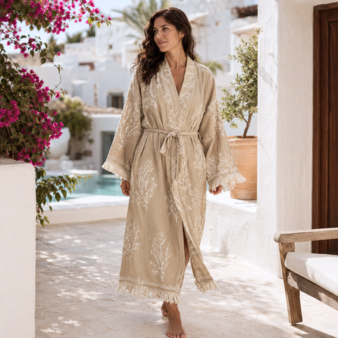 Coral Dokuma Pamuk Kimono/Sabahlık Vizon
