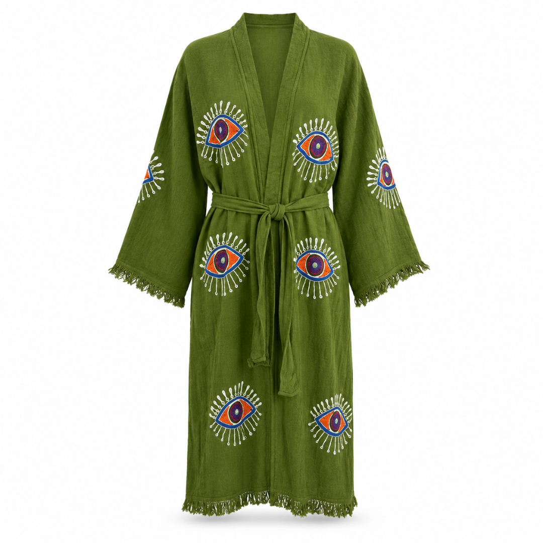 Gaia Taş Baskı Pamuk Kimono Haki