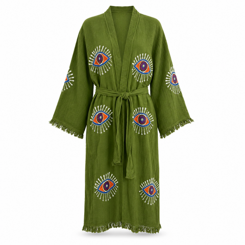 Gaia Taş Baskı Pamuk Kimono Haki