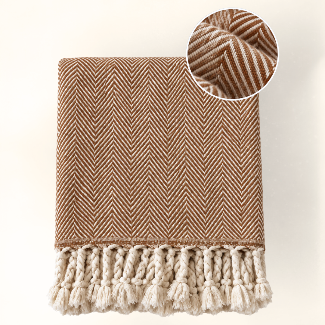 Balıksırtı Yünlü Throw Battaniye 150x180 cm Karamel