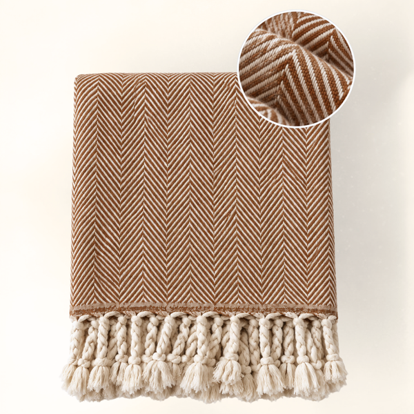 Balıksırtı Yünlü Throw Battaniye 150x180 cm Karamel