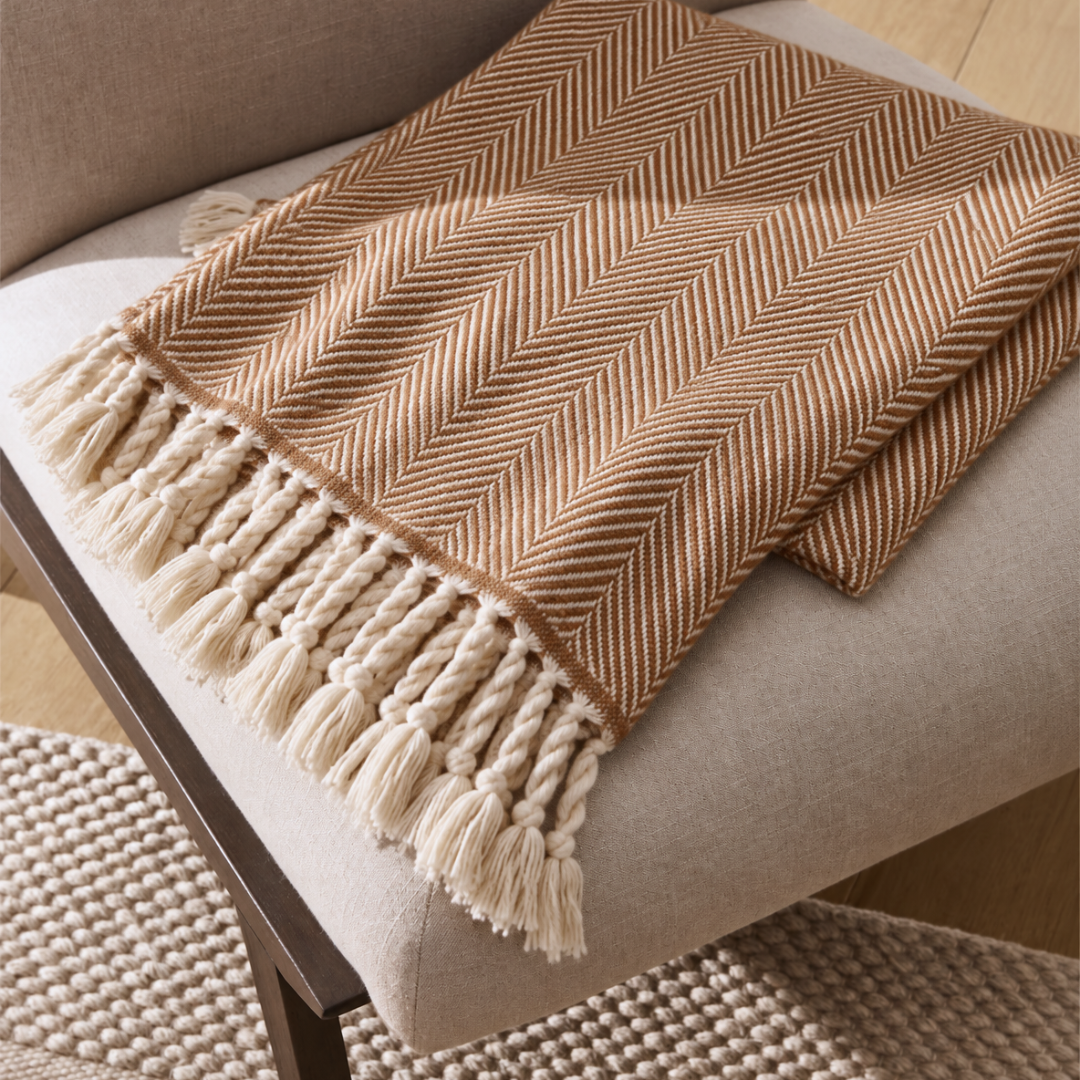 Balıksırtı Yünlü Throw Battaniye 150x180 cm Karamel