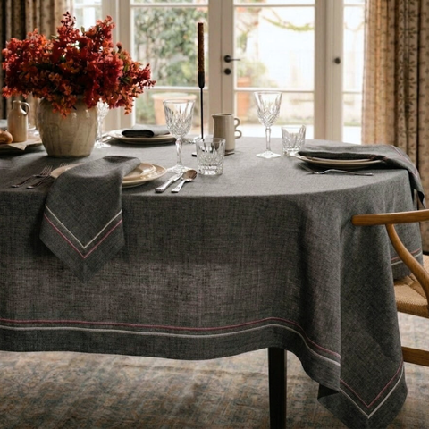 2 Sıra Piko Nakış Detaylı Keten Leke Tutmaz Peçete Granit Füme (2'li Set)