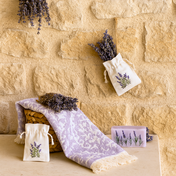 Lavanta Nakışlı Dokuma Kese 12x10 cm Beyaz